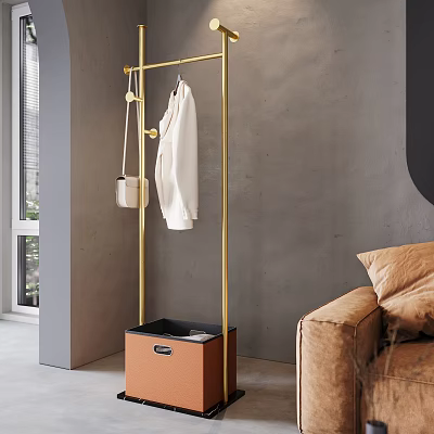 Golden Coat Rack With White Coat In Living Room 3d model