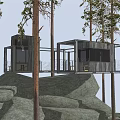 Wooden Treehouse Structure In Forest With Stone Base And Connected Cabins