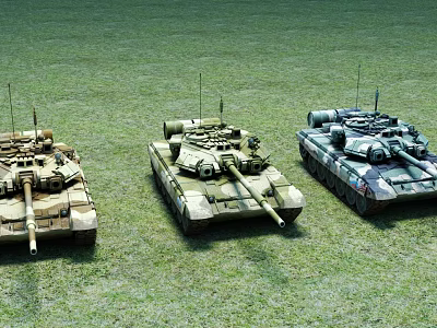 Three Military Tanks On Green Grass Field With Camouflage Patterns 3d model