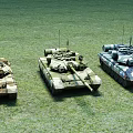 Three Military Tanks On Green Grass Field With Camouflage Patterns
