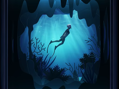 Scuba Diver Exploring Underwater Cave With Sunlight Rays And Marine Plants 3d model