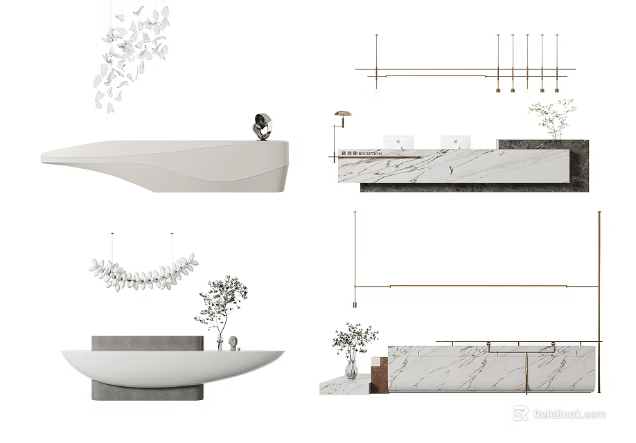 Modern Marble Reception Desk Design With Pendant Lights and Green Plants 3d model 