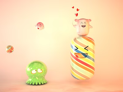 Green Octopus and Striped Stuffed Toys Featuring Little Hearts and Small Planet 3d model
