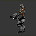 Futuristic Large Weapon Held by Armored Character in Orange White Armor