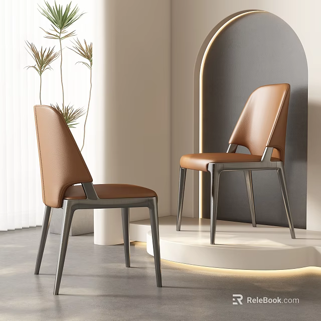 Modern Brown Leather Dining Chairs With Metal Legs In Contemporary Interior 3d model 