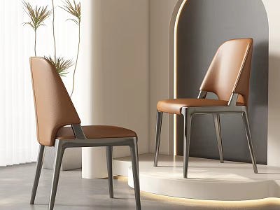 Modern Brown Leather Dining Chairs With Metal Legs In Contemporary Interior 3d model