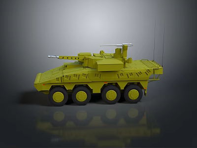 Yellow Wheeled Tank With Six Wheels And Top Mounted Weapon On Gray Background 3d model