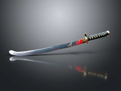 Traditional Japanese Samurai Sword With Decorative Red Gold Sheath And Sharp Blade 3d model