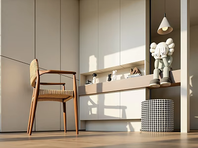 Modern Entryway Cabinet With Side Cabinet Wicker Chair Sculpture And Pendant Light 3d model
