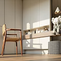 Modern Entryway Cabinet With Side Cabinet Wicker Chair Sculpture And Pendant Light