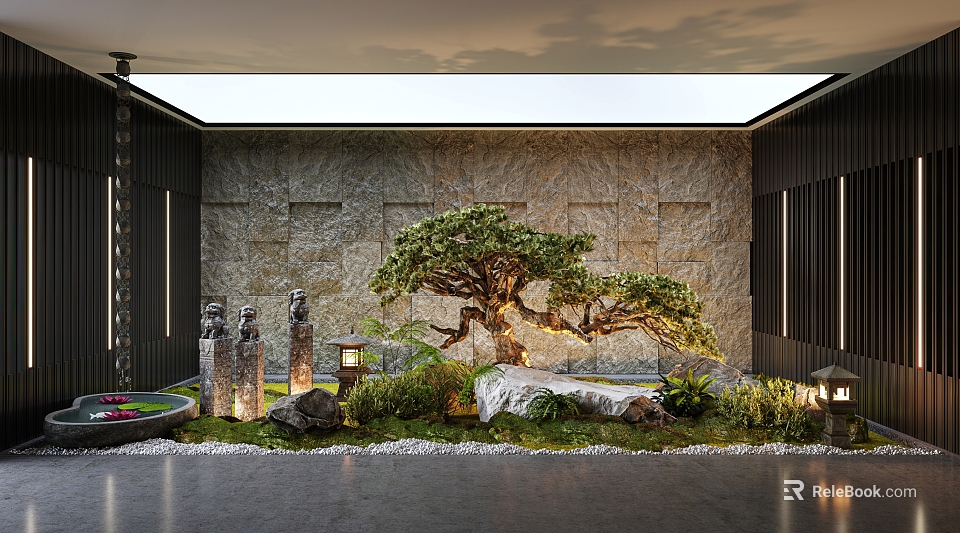 Modern Garden Ornamental Scene With Stone Wall Pine Tree Stones Lanterns And Green Plants 3d model 