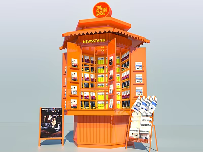 Orange Drink Stand With Red Top Sign Display Shelves And Advertising Boards 3d model