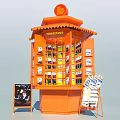 Orange Drink Stand With Red Top Sign Display Shelves And Advertising Boards
