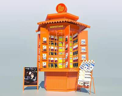 Orange Drink Stand With Red Top Sign Display Shelves And Advertising Boards 3d model