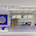 Modern Bubble Tea Shop Interior With Bar Counter Seating Decorative Paintings And Green Plants
