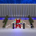 Modern Grand Stadium Exterior With Curved Silver Structure Lighting Steps And Trees At Entrance