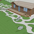 Serene Courtyard Garden Featuring Wooden House Lawn Stone Path And Gazebo