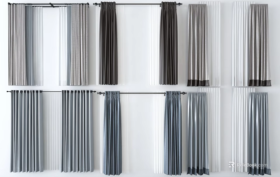 Various Stylish Window Curtains With Grey White Striped And Solid Designs 3d model 