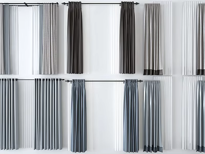 Various Stylish Window Curtains With Grey White Striped And Solid Designs 3d model