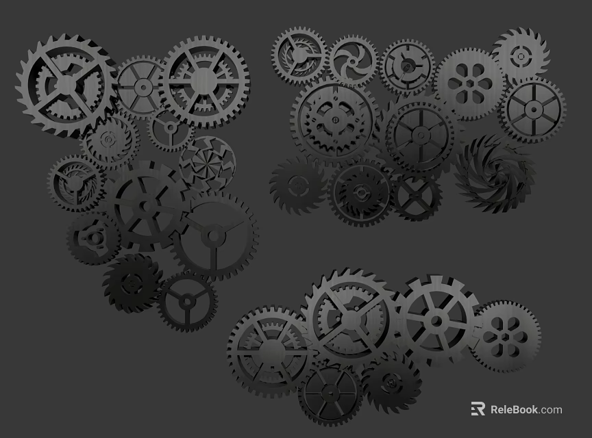 Various Interlocking Mechanical Gears and Cogwheels on Dark Background 3d model 