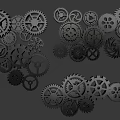 Various Interlocking Mechanical Gears and Cogwheels on Dark Background