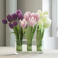 Vibrant Tulips in Clear Glass Vases with Purple Pink and Green Hues