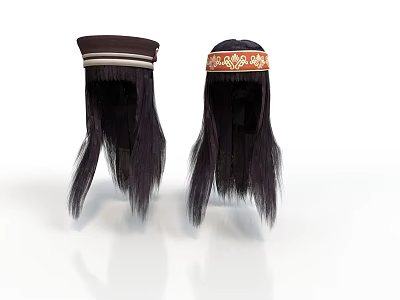 Two Black Wigs With Decorative Headbands One White Striped And One Patterned 3d model