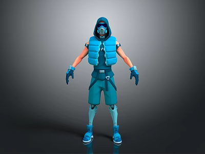 Hooded Masked Blue Character in Vest Shorts and Boots as Futuristic Biological Model 3d model