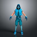 Hooded Masked Blue Character in Vest Shorts and Boots as Futuristic Biological Model
