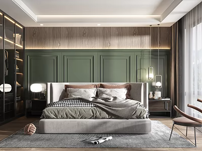 Modern Bedroom Interior Design With Green Paneled Wall Wooden Accents Upholstered Bed And Area Rug 3d model