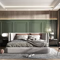 Modern Bedroom Interior Design With Green Paneled Wall Wooden Accents Upholstered Bed And Area Rug