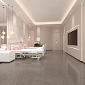 Modern Bedroom Interior With White Bed Pink Pillows Hanging Lights And Wall Mounted TV