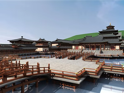 Ancient Chinese Architecture Complex With Black Tiled Roofs Curved Eaves Wooden Railings And Water Surroundings 3d model