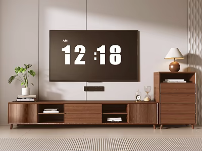 Wooden TV Stand with Storage and Wall-Mounted TV Accompanied by Plant and Table Lamp 3d model
