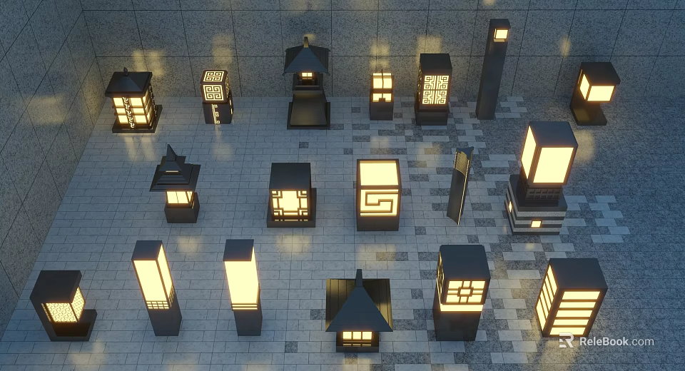 Various Styles Outdoor Lamps Arranged On Tile Floor With Wall Background 3d model 