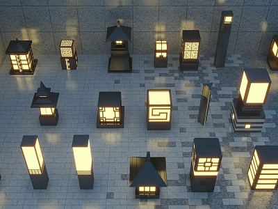 Various Styles Outdoor Lamps Arranged On Tile Floor With Wall Background 3d model