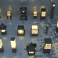 Various Styles Outdoor Lamps Arranged On Tile Floor With Wall Background
