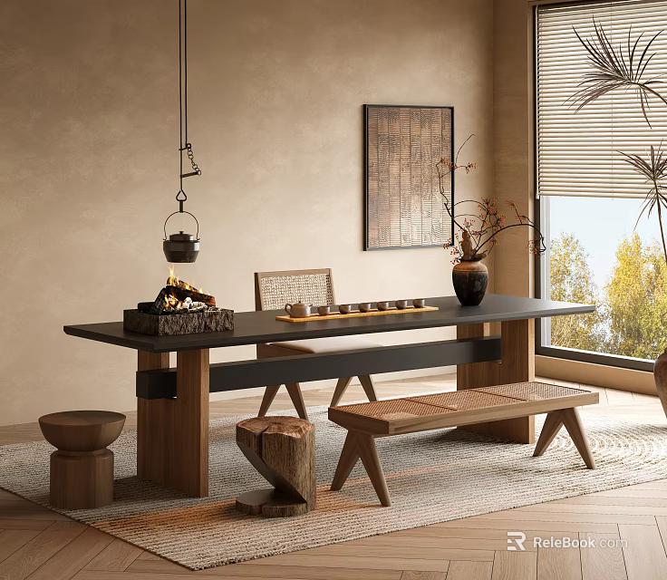 Cozy Tea Table And Chairs With Wooden Bench Black Top And Potted Plant Near Window 3d model 