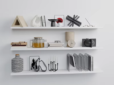 Inflatable Decorative Models Display On White Shelf With Geometric Ornaments And Books 3d model