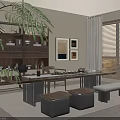 Serene Tea Room Interior With Wooden Table Stools Bench Bookshelf And Palm Leaves