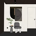 Modern Abstract Wall Decor with Textured Black Design Checkered Chair and Green Plant