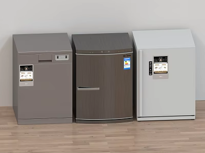 Three Different Colored Refrigerators Placed Side by Side Against Wall on Wooden Floor 3d model
