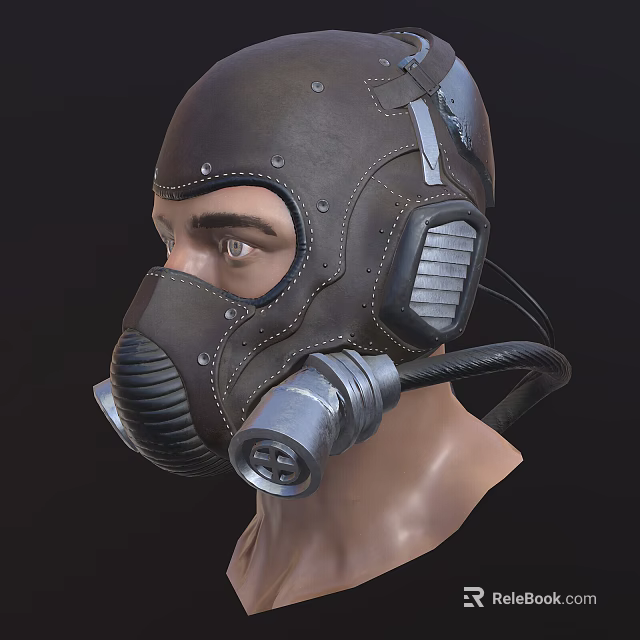 Steampunk Leather Gas Mask With Round Viewport Metal Breathing Tube And Ear Cups 3d model 