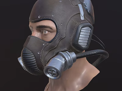 Steampunk Leather Gas Mask With Round Viewport Metal Breathing Tube And Ear Cups 3d model