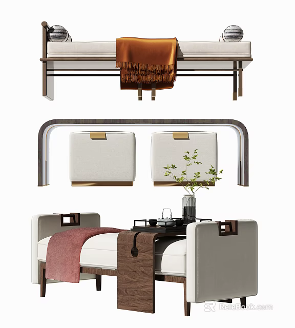 Elegant Ottoman Design With Beige Fabric Cushions Wooden Frame And Decorative Plant 3d model 