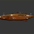 Orange Wooden Boat Model With Detailed Deck Windows And Flags On