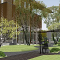 Modern Entrance Gate With Wooden Structure Glass Panels And Garden Landscape View