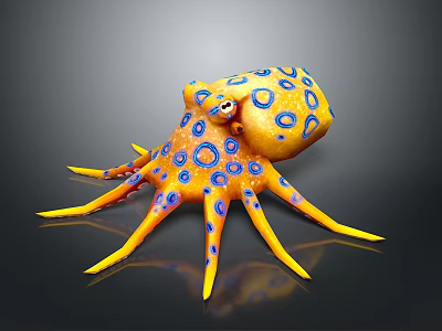 Vibrant Yellow Octopus With Blue Circles On Tentacles Against Dark Background With Shiny Reflection 3d model