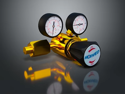 Golden NORVEY Regulator Device With Two Pressure Gauges And Reflective Base 3d model
