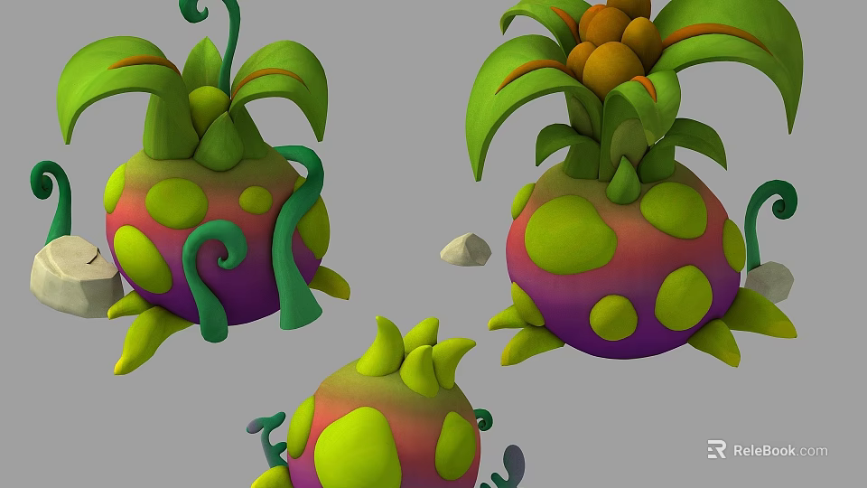 Colorful Plant Combination With Green Leaves Purple Green Spots Orange Fruits And Small Stone 3d model 